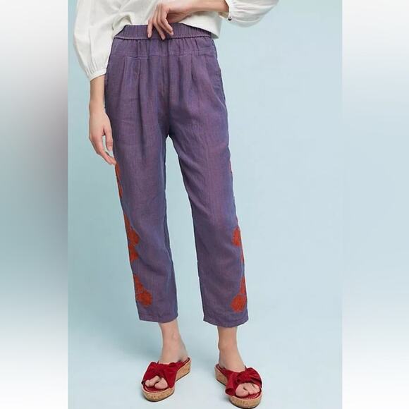 Anthropologie Embroidered Linen Pull On Pants Purple/Orange Size XS Artsy Boho - Picture 2 of 15